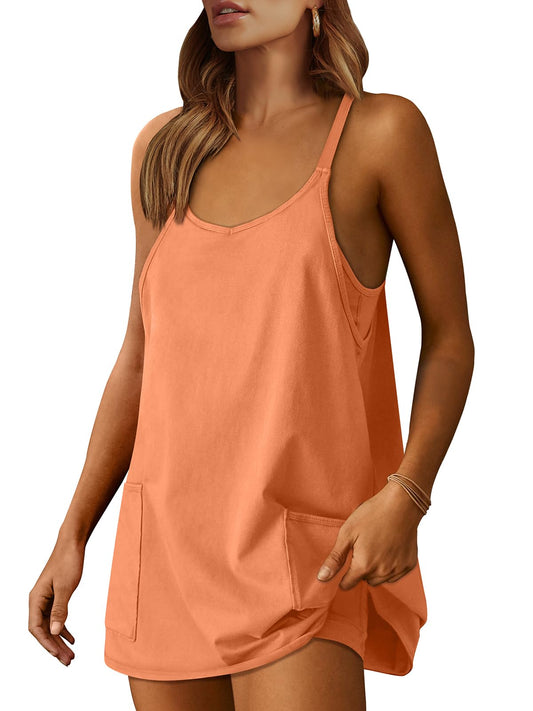 ANRABESS Women Summer Mini Romper Dress Workout Tennis Active Sports Athleisure Outfits built in Shorts Trendy Vacation Orange Small