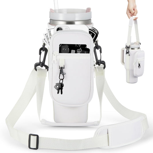 BULKITEM 30oz Water Bottle Carrier Bag with Phone Pocket for Cream Stanley 30 oz Tumbler with Handle, Cream Insulated Neoprene Cup Holder Pouch Strap for Stanley Cup Accessories
