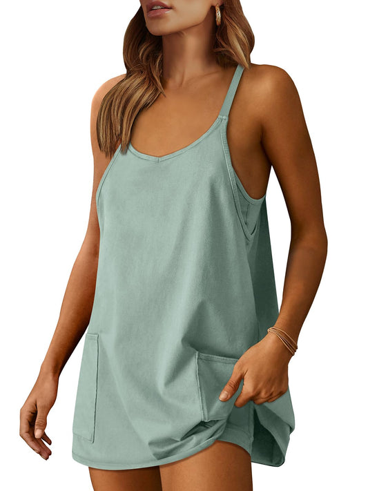 ANRABESS Women Summer Mini Romper Dress Workout Tennis Active Sports Athleisure Outfits Built in Shorts Trendy Vacation Gray Blue X-Smal
