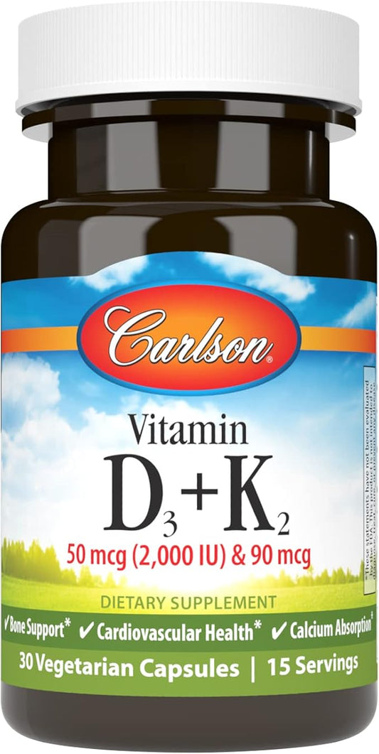 Carlson - Vitamin D3 + K2, 50 mcg (2000 IU) Vitamin D3 & 90 mcg Vitamin K2 as MK7, Bone Support, Calcium Absorption, 30 Capsules