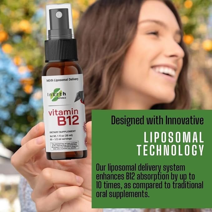 InErth Liposomal Vitamin B12 Liquid Drops - 1000 mcg Sublingual Methylcobalamin for Energy, Metabolism, Nervous System Immune Support - High Absorption Vegan VIT B12 Complex Supplement 1 Fl Oz
