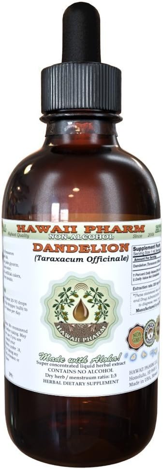 Dandelion Alcohol-Free Liquid Extract, Organic Dandelion (Taraxacum Officinale) Dried Leaf Glycerite Hawaii Pharm Natural Herbal Supplement 2 oz
