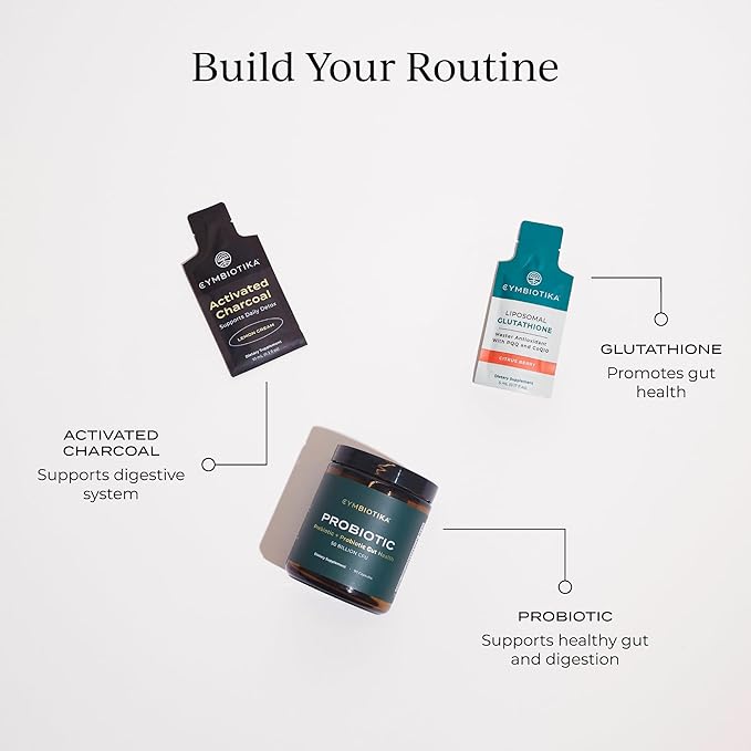 CYMBIOTIKA Activated Charcoal Liquid Supplement with Vitamin E, Gut Health & Digestive Support for Adults, Helps Cleanse, Detox, Support Gas, Bloating, Lemon Cream Flavor, Vegan, 10ml Pouches, 26 Pack