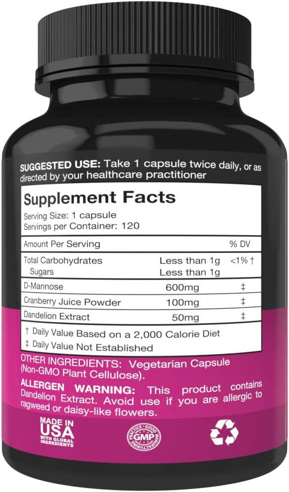 D Mannose Capsules with 600mg D-Mannose Powder Per Cap - with Added Cranberry and Dandelion Extract to Aid in Bladder, Urinary Tract and UTI Support - 120 Veggie Caps