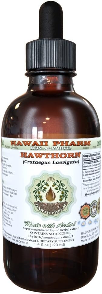Hawthorn Alcohol-Free Liquid Extract, Hawthorn (Crataegus Laevigata) Dried Leaf and Flower Glycerite Hawaii Pharm Natural Herbal Supplement 4 oz