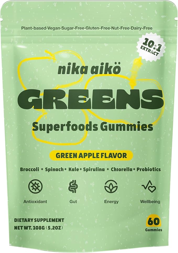 Greens Superfood Gummies, Boost Energy, Gut & Immune Support, Sugar-Free, Vegan with Broccoli, Spinach, Kale, Spirulina, Chlorella, Probiotics & Multivitamin, Apple Flavor, 60 Count