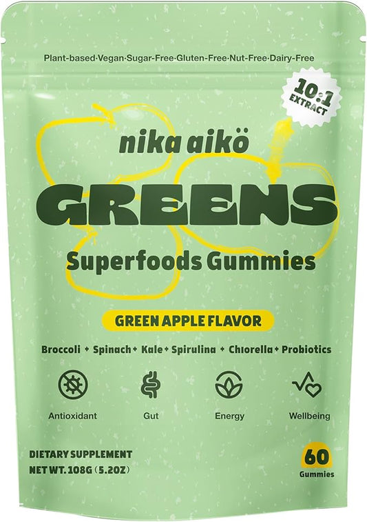 Greens Superfood Gummies, Boost Energy, Gut & Immune Support, Sugar-Free, Vegan with Broccoli, Spinach, Kale, Spirulina, Chlorella, Probiotics & Multivitamin, Apple Flavor, 60 Count