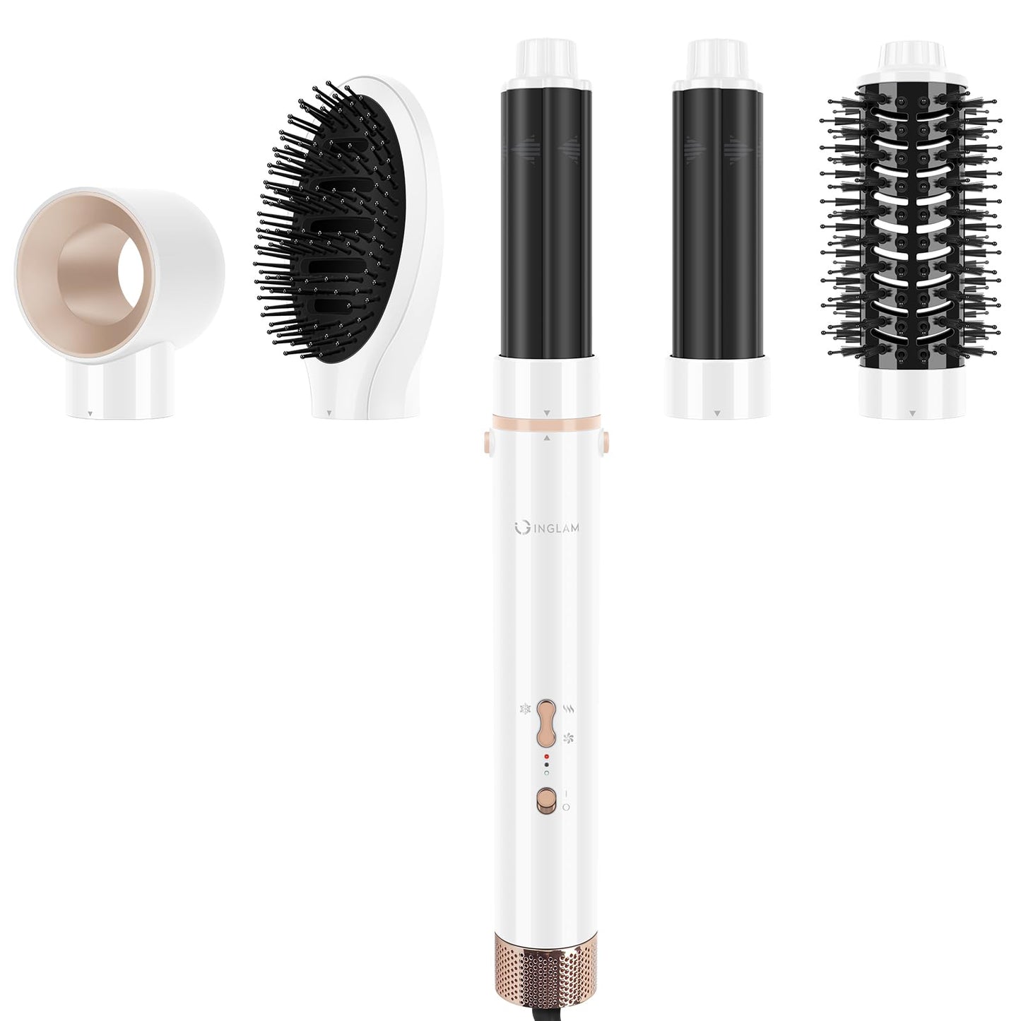 IG INGLAM MegaAIR Styler, 5 in-1 Professional Interchange Hair Dryer Brush 110,000 RPM Brushless BLDC Motor Ionic Hot Air Volumizing and Shape, White