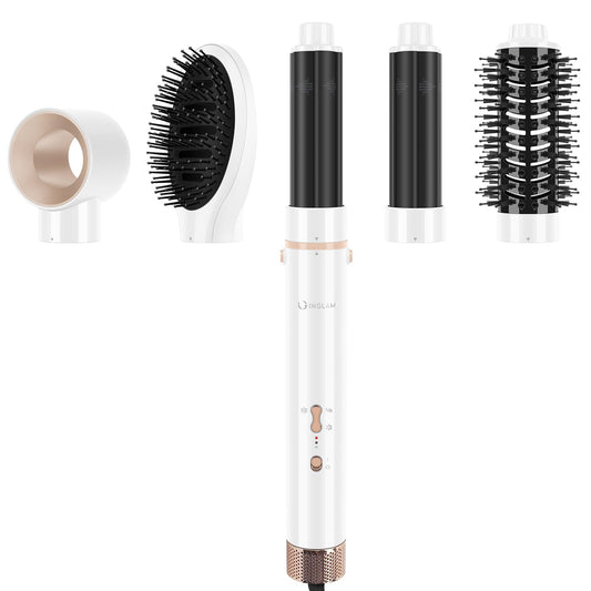 IG INGLAM MegaAIR Styler, 5 in-1 Professional Interchange Hair Dryer Brush 110,000 RPM Brushless BLDC Motor Ionic Hot Air Volumizing and Shape, White