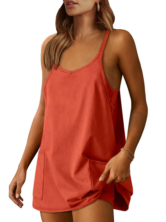 ANRABESS Women Summer Mini Romper Dress Workout Tennis Active Sports Athleisure Outfits built in Shorts Trendy Vacation Red Small