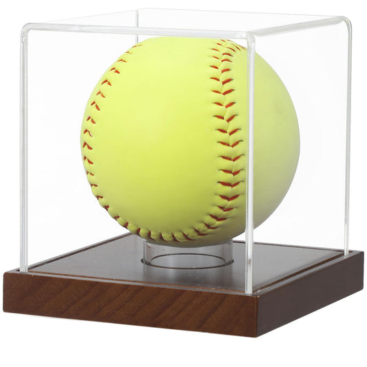 JupDec Softball Display Case Clear Acrylic Ball Holder, UV Protected Cube with Wood Base Stand, Championship Sports Collections Box Showcase