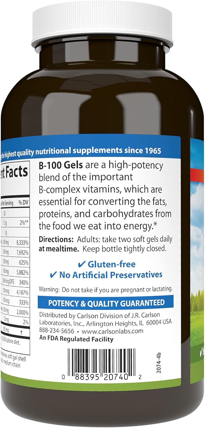 Carlson - B-100 Gels, High-Potency Vitamin B Complex, Energy Production, Cellular Support & Optimal Wellness, 200 Softgels