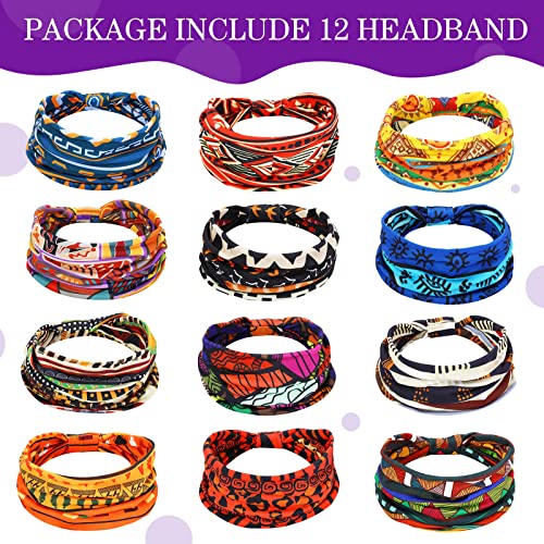 Censen 12 Pcs African Headbands for Women - Chiffon Knotted Assorted Bandeau Headbands Wide Yoga Elastic Hair Wraps - Hair Accessories for Girls Lady Running (Vivid)