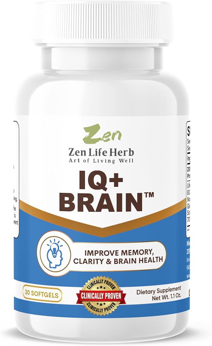 IQ+ Brain - Caffeine-Free, Clinically Tested Focus, Concentration, Memory & Energy, Natural Plant-Based Herbal Supplement, No Added Vitamins/Minerals/Mushroom/Sugar (30 Softgels)