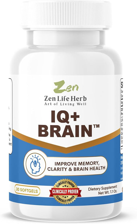 IQ+ Brain - Caffeine-Free, Clinically Tested Focus, Concentration, Memory & Energy, Natural Plant-Based Herbal Supplement, No Added Vitamins/Minerals/Mushroom/Sugar (30 Softgels)