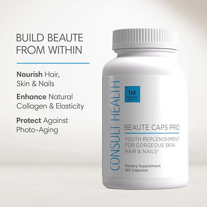 Consult Health Beaute Caps Pro - Supports Hair Growth, Skin & Nail Health - Collagen, Vitamins B6, B7,B12, D & 10,500 mcg Biotin - MSM, Blood Orange - Anti-Aging - USA Made - Women & Men 60 Capsules