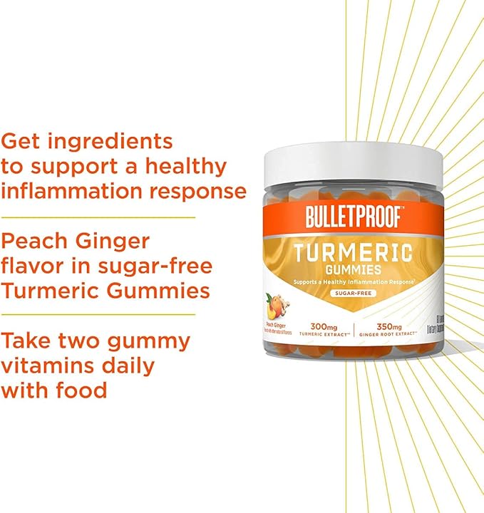 Bulletproof Vitamins A+D+K, 60 Sugar-Free Gummies, Strawberry Orange Flavor |Turmeric Sugar-Free Gummies, 60 Count, Peach Ginger