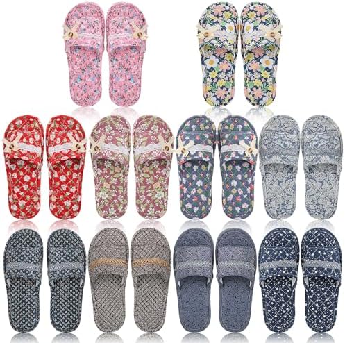 Chuarry 10 Pairs Floral Cotton House Slippers for Guest Women Washable Indoor Cotton Slippers Open Toe for Hotel Travel Airplane Spa, 2 Sizes