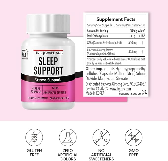 JungKwanJang Sleep Support GABA Complex 500mg with American Ginseng - Sleep Aid Supplement for Meditation Support, Better Sleep, and Increased Energy, 60 Capsules for Men and Women