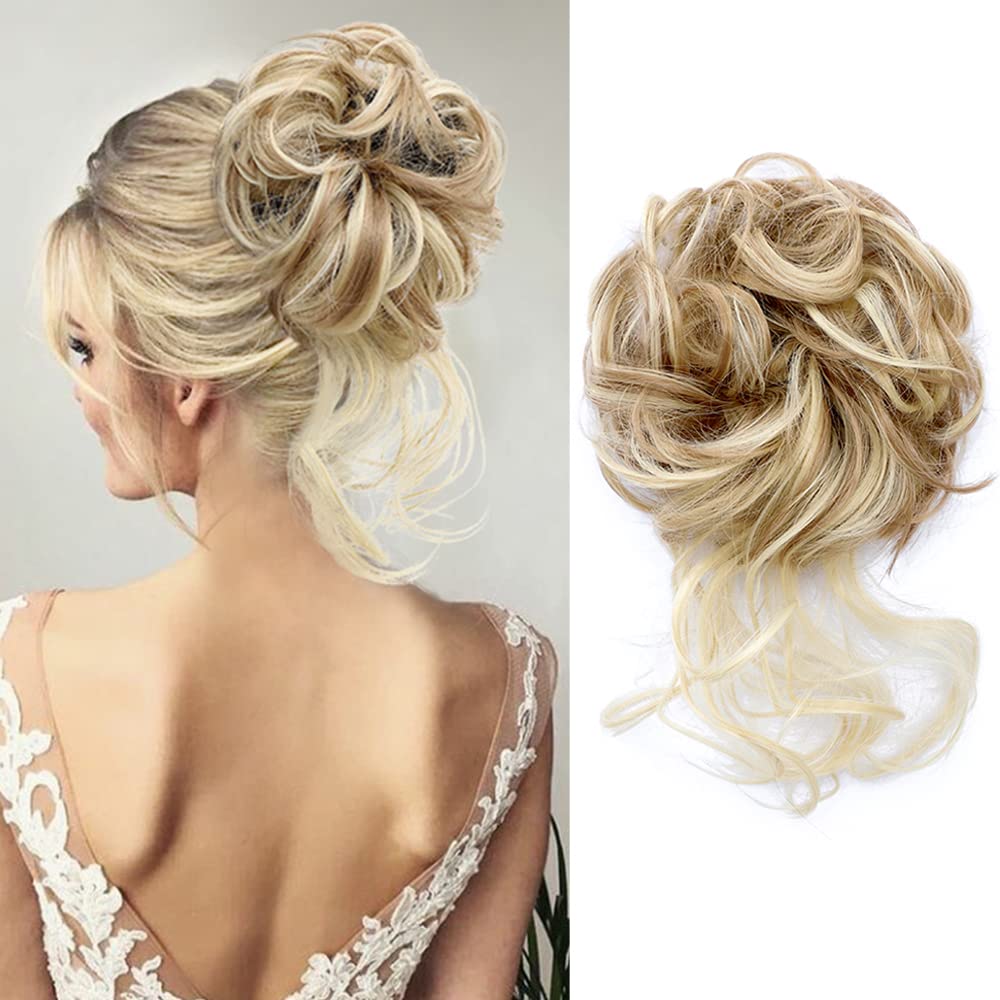 KETHBE Messy Bun Hair Piece Tousled Updo Hair Buns Extension Elastic Hair Band Hair Pieces Curly Hair Bun Scrunchie For Women (Light Golden Brown Mix Bleach Blonde)