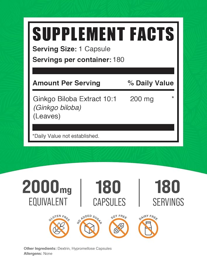 BulkSupplements.com Ginkgo Biloba Extract Capsules - Ginkgo Biloba Supplements, from Ginkgo Leaf - Herbal & Gluten Free, 1 Capsule per Serving, 180 Veg Capsules (Pack of 1)