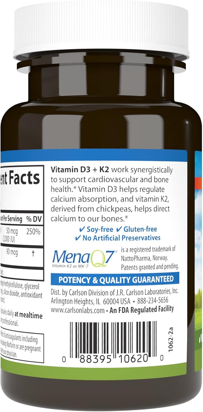 Carlson - Vitamin D3 + K2, 50 mcg (2000 IU) Vitamin D3 & 90 mcg Vitamin K2 as MK7, Bone Support, Calcium Absorption, 120 Capsules