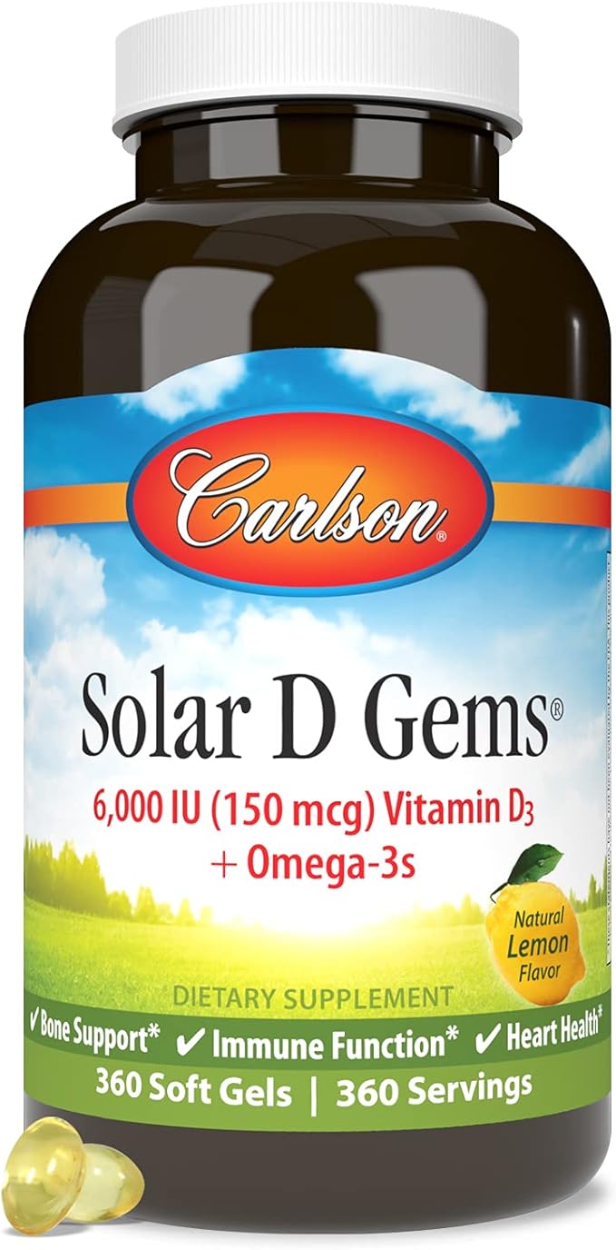 Carlson - Solar D Gems, Vitamin D3 and Omega-3 Supplement, 6000 IU (150 mcg) Vitamin D3, 115 mg Omega-3s EPA and DHA Supplement, Wild Caught, Sustainably Sourced, Lemon, 360 Softgels