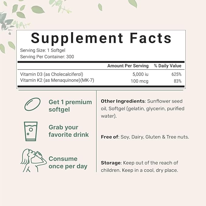 D3 5000 IU with K2 100 mcg, 300 SoftGels | D3 + K2 Supplement to Support Immune, Heart, Joint, Teeth and Bone Health | 300 Day Supply, Easy to Swallow