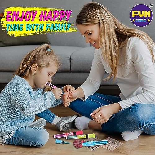 Craft Nail Pens Kit for Kids Ages 7-12, FunKidz Nail Set with Nail Polish Glitter Sticker Temporary Makeup Nails Kit for Girl Teens Party Activities Gifts