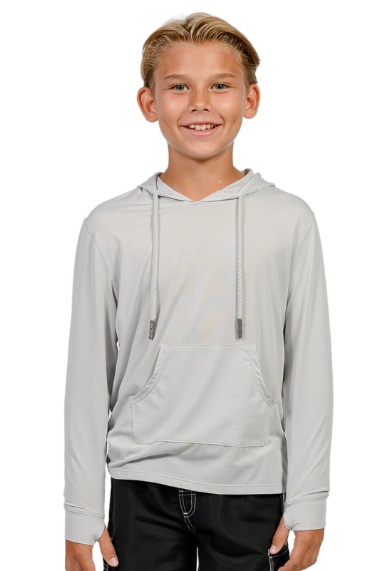 INGEAR Boys UPF 50+ Sun Protection UV Hoodie T-Shirt Long Sleeve with Pockets SPF Shirt Boys Sun Shirt with Hood (US, Alpha, X-Large, Regular, Silver)