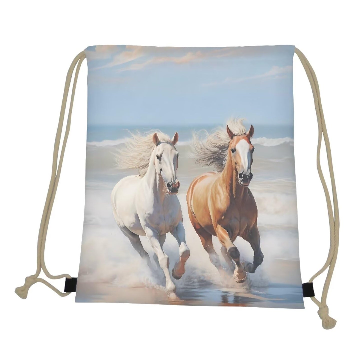 COEQINE 3D Running Horse Drawstring Backpack Girls Bulk Birthday Gift for Back School Drawstring Bookbag Beach Sea Sand Cool Animal Drawstring Backpack