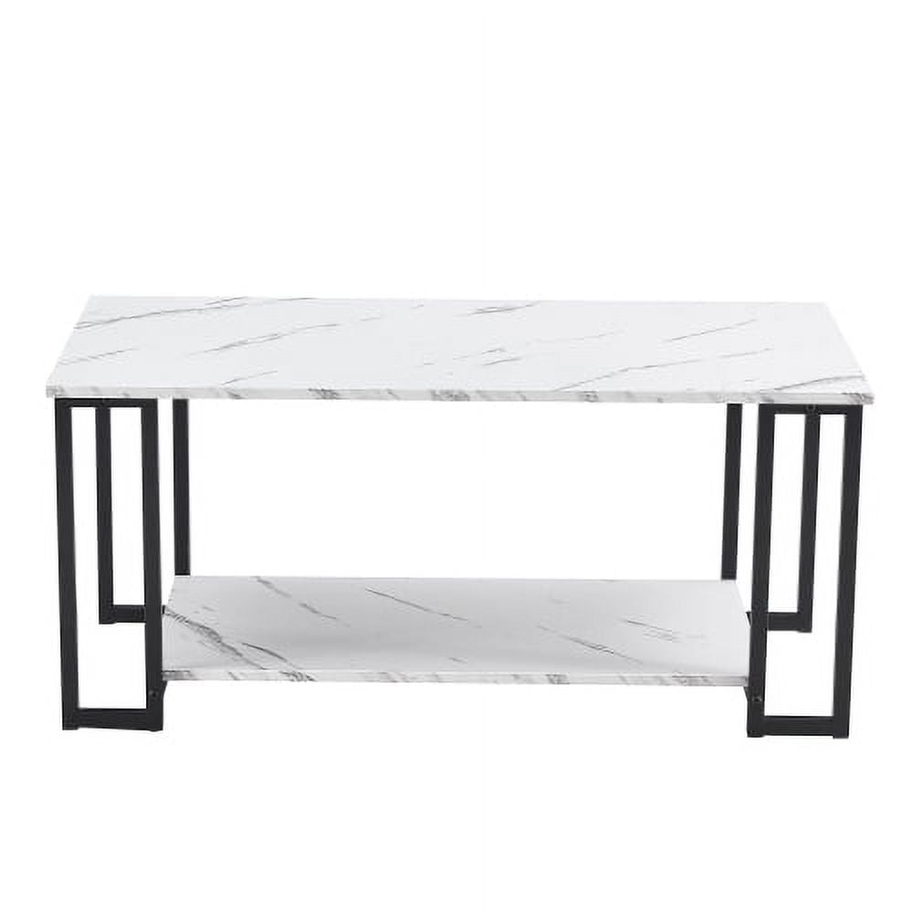 Coffee Table, 2 Layers 1.5Cm Thick Marble Mdf Rectangle 39.37" L Tabletop Iron Coffee Table , Dining Room, Coffee Shop, Resterant, White Top, Black Leg