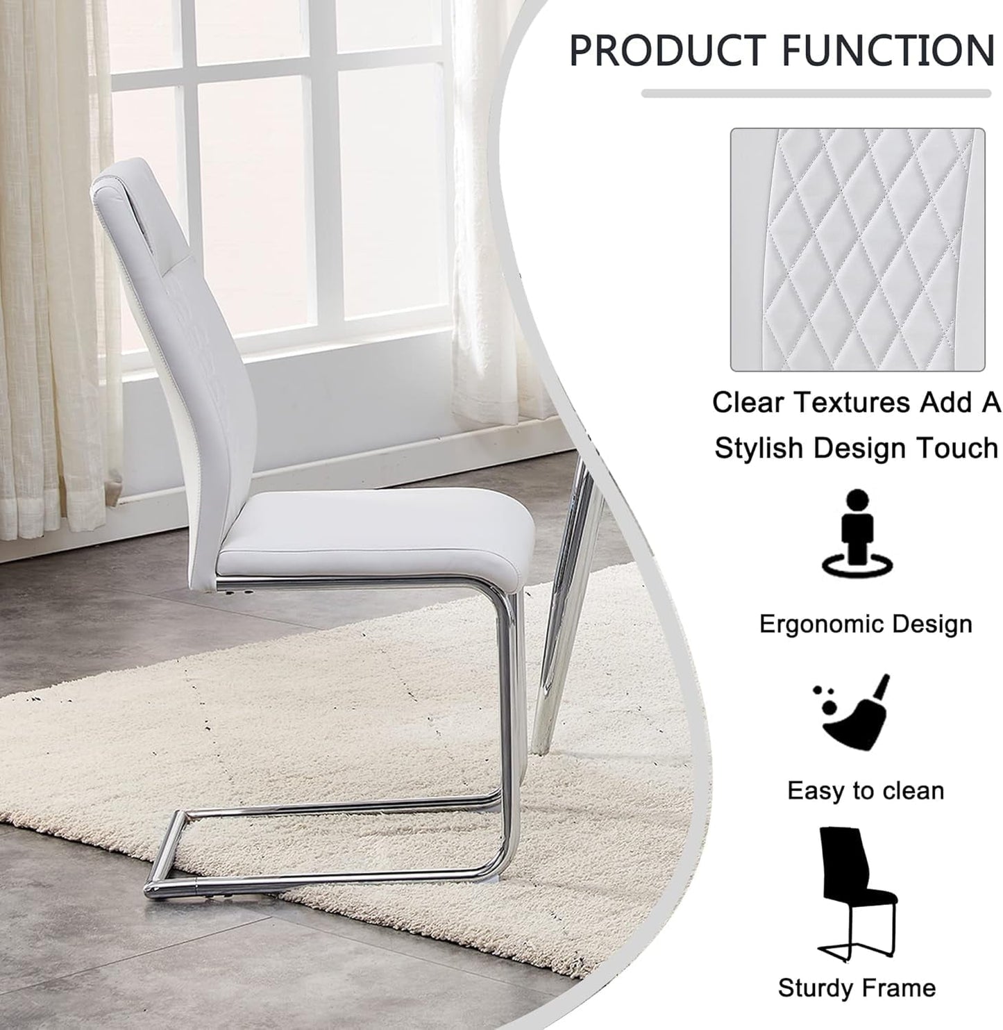 JUFU Modern White Dining Chairs Set of 4, Faux Leather High Back with Chrome Legs