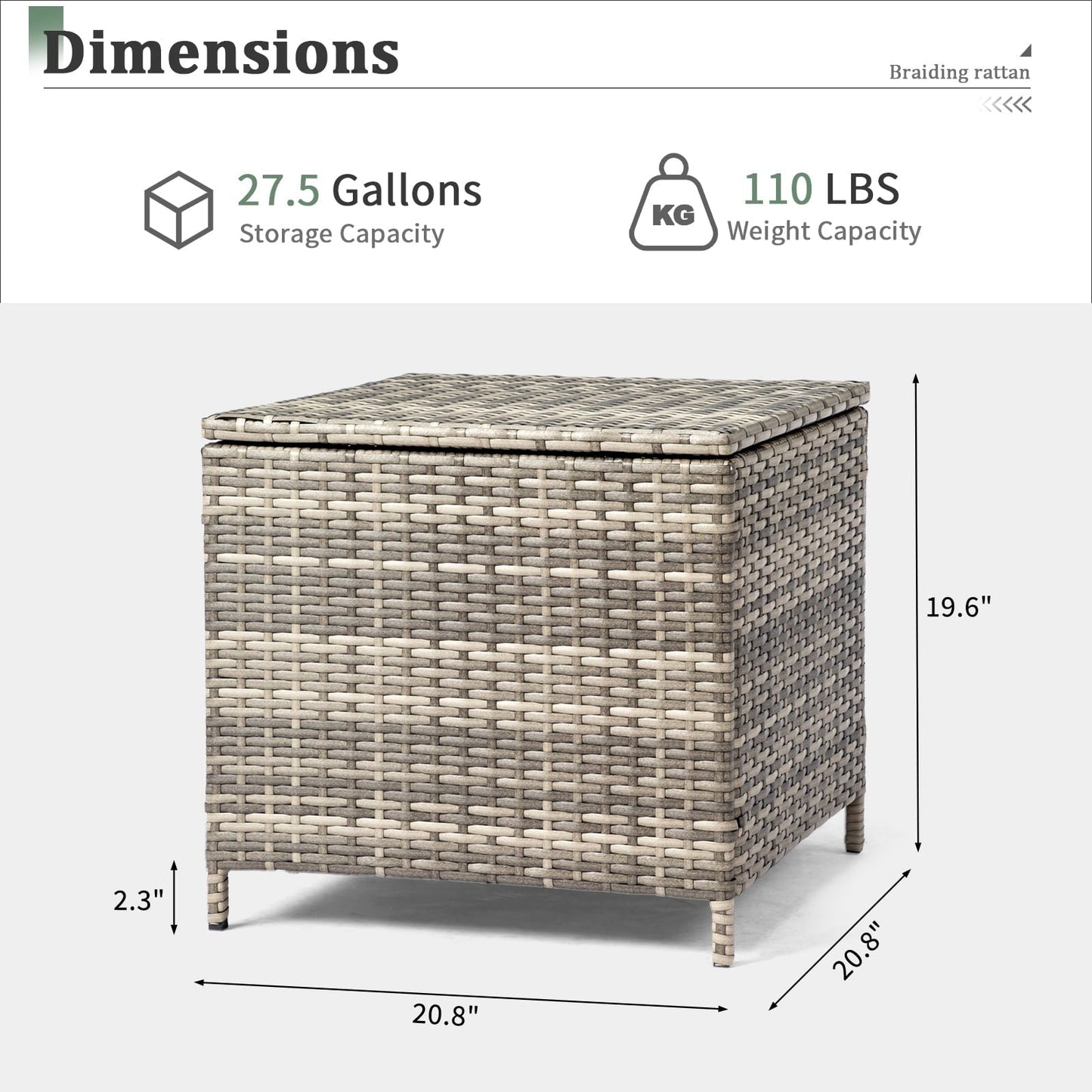 Ktaxon Wicker Side Table with Storage, 27 Galllon Square Ratten Storage Side Box Container for Furniture Covers, Toys and Gardening Tools, Gray