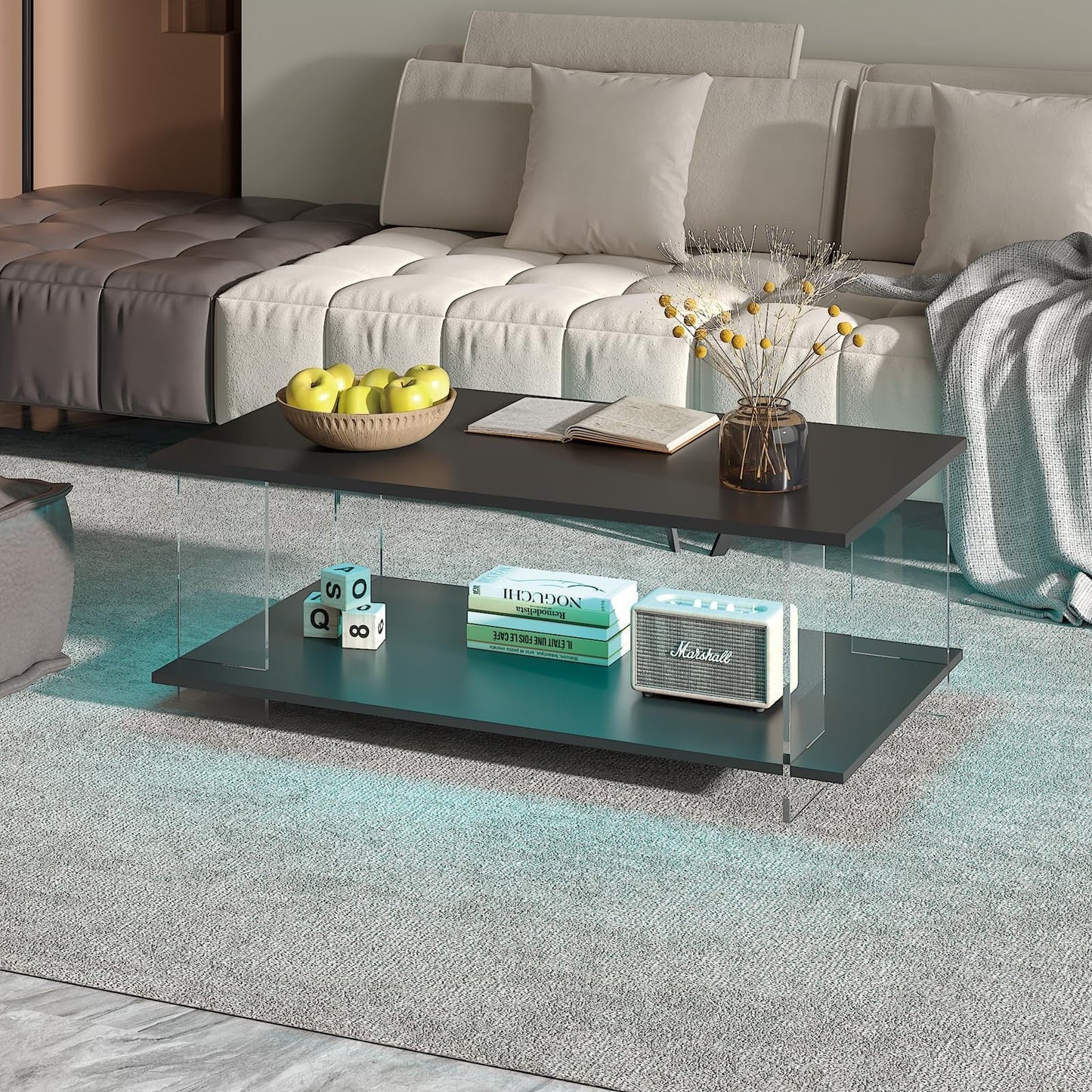 Hironpal 43" Acrylic Coffee Table with Black Wood Top, Minimalist Stylish Modern Rectangular Center Tables for Living Room, Led Living Room Table with Storage Shelf & Acrylic Frame for Small Space