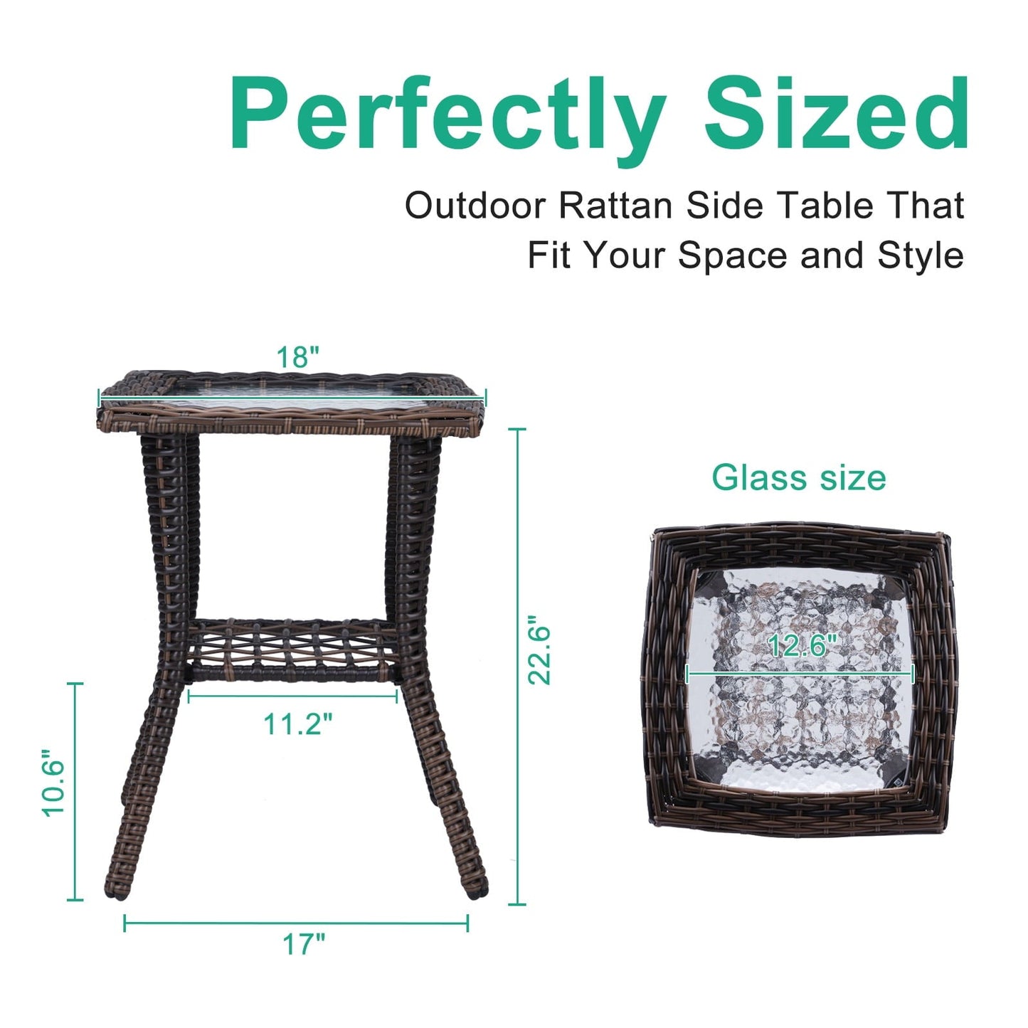 Buytoshop Outdoor Wicker Side Table, Rattan End Table with Glass Top, Patio Coffee Bistro Table for Garden Porch Balcony, Brown