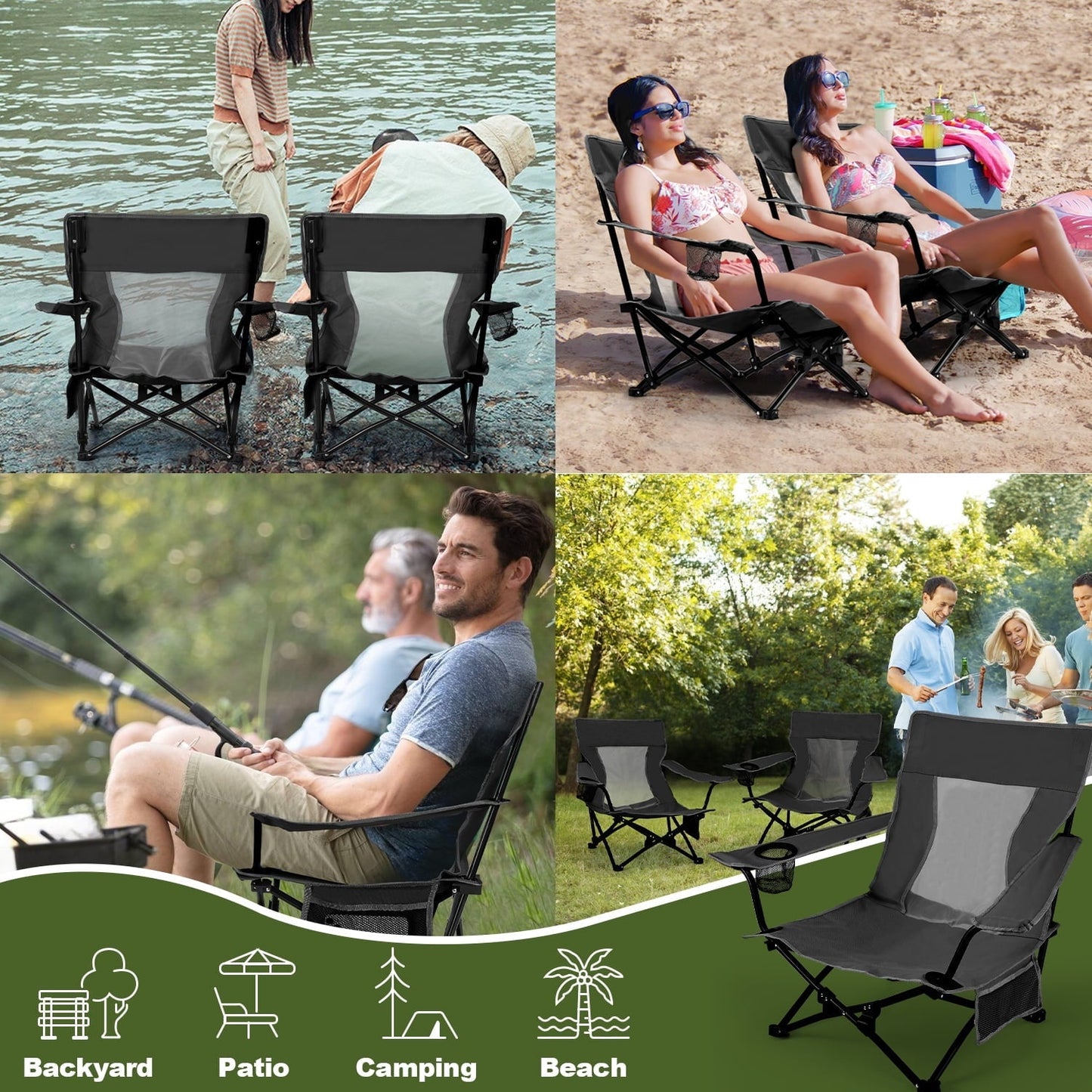 Hasteel Folding Beach Chair for Adults, Low Seat Camping Chair with High Back, Wide Seat Chair with Cup Holder & Carry Bag, Heavy Duty Portable Chair for Outdoor Picnic Travel (2 Pack of Black)