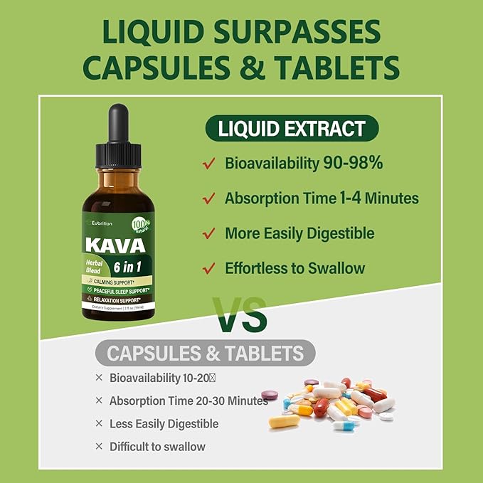 Kava Root Drops for Calming & Relaxing Support, Natural Calm & Sleep Supplements for Adults with Valerian, Chamomile Extract, High Bioavailability Liquid with Basil Promotes Relaxation. 2 oz