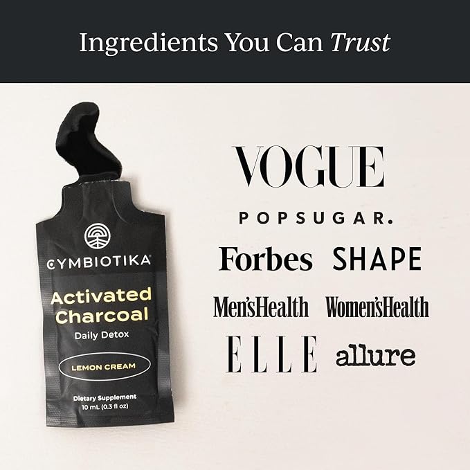CYMBIOTIKA Activated Charcoal Liquid Supplement with Vitamin E, Gut Health & Digestive Support for Adults, Helps Cleanse, Detox, Support Gas, Bloating, Lemon Cream Flavor, Vegan, 10ml Pouches, 26 Pack