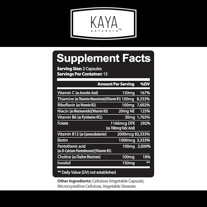 Kaya Naturals B-12 Complex | Multivitamin Supplement for Women & Men Energy and Metabolism Booster | B-Complex Vitamin with Biotin, Choline, Inositol, Folate, and Vitamin C - 30 Capsules