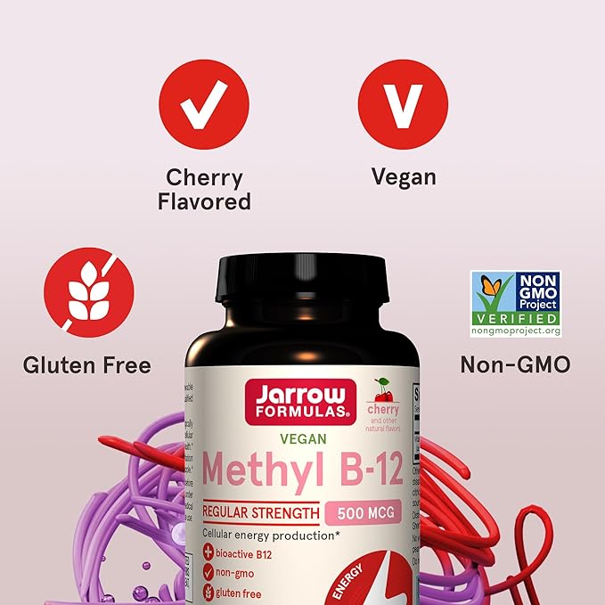 Jarrow Formulas Regular Strength Methyl B-12 500mcg, Dietary Supplement for Cellular Energy Production and Brain Health Support, 100 Cherry-Flavored Chewable Tablets, 100 Day Supply, Pack of 12