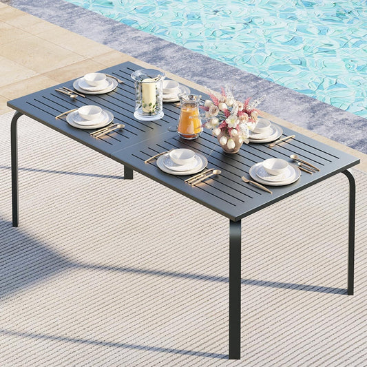 71" x 35" Outdoor Dining Table - 8-Person Aluminum Patio Table with Slatted Top & Umbrella Hole,All-Weather Black for Backyard/Garden/Lawn