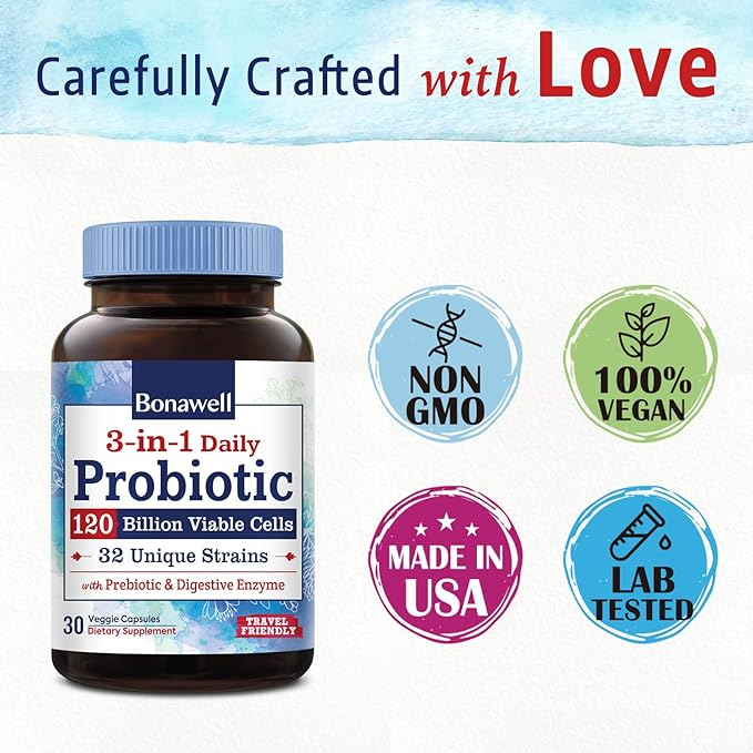 Bonawell Probiotics 120 Billion CFU 32 Strains with Prebiotics, Digestive Enzymes for Gut Health, 3-in-1 Daily Probiotic, Shelf-Stable, Delayed-Release, 30 Veggie Caps