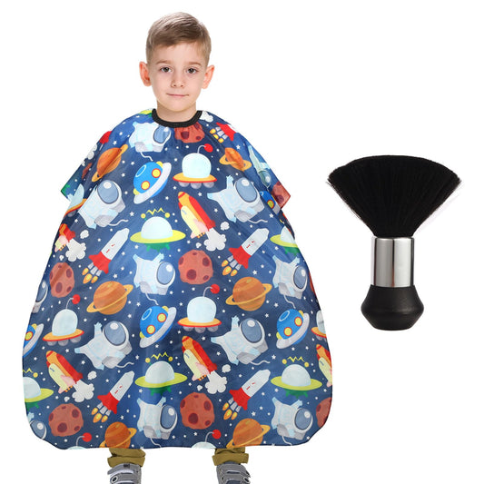 Kids Barber Cape with Neck Duster Brush, Professional Salon Hair Cutting Cape with Adjustable Snap Closure(Cartoon Space)