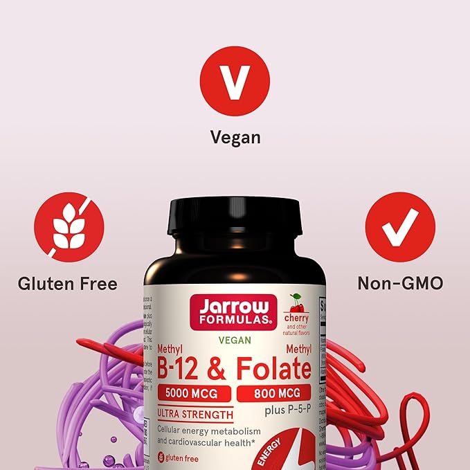 Jarrow Formulas Ultra Strength Methyl B-12 5000 mcg & Methyl Folate 800 mcg + P-5-P, Dietary Supplement for Cellular Energy Metabolism and Cardiovascular Support, 60 Chewable Tablets, 60 Day Supply