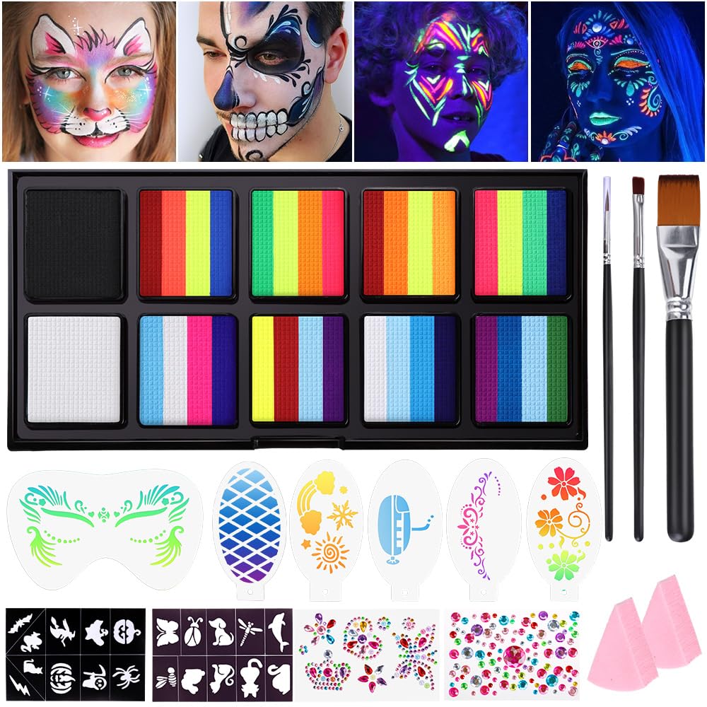 Janolia Rainbow Face Paint Kit - UV Fluorescent Split Cake, Water Activated Body Paint for Kids' Halloween, Carnival & Easter