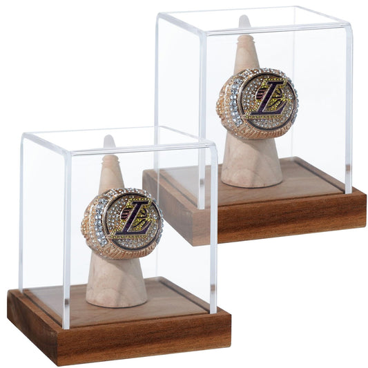 JupDec Championship Ring Display Case 2 Pack, Clear Acrylic Single Ring Holder with Wood Stand Base for Sports Basketball Baseball Fan Souvenirs Military, UV Protection