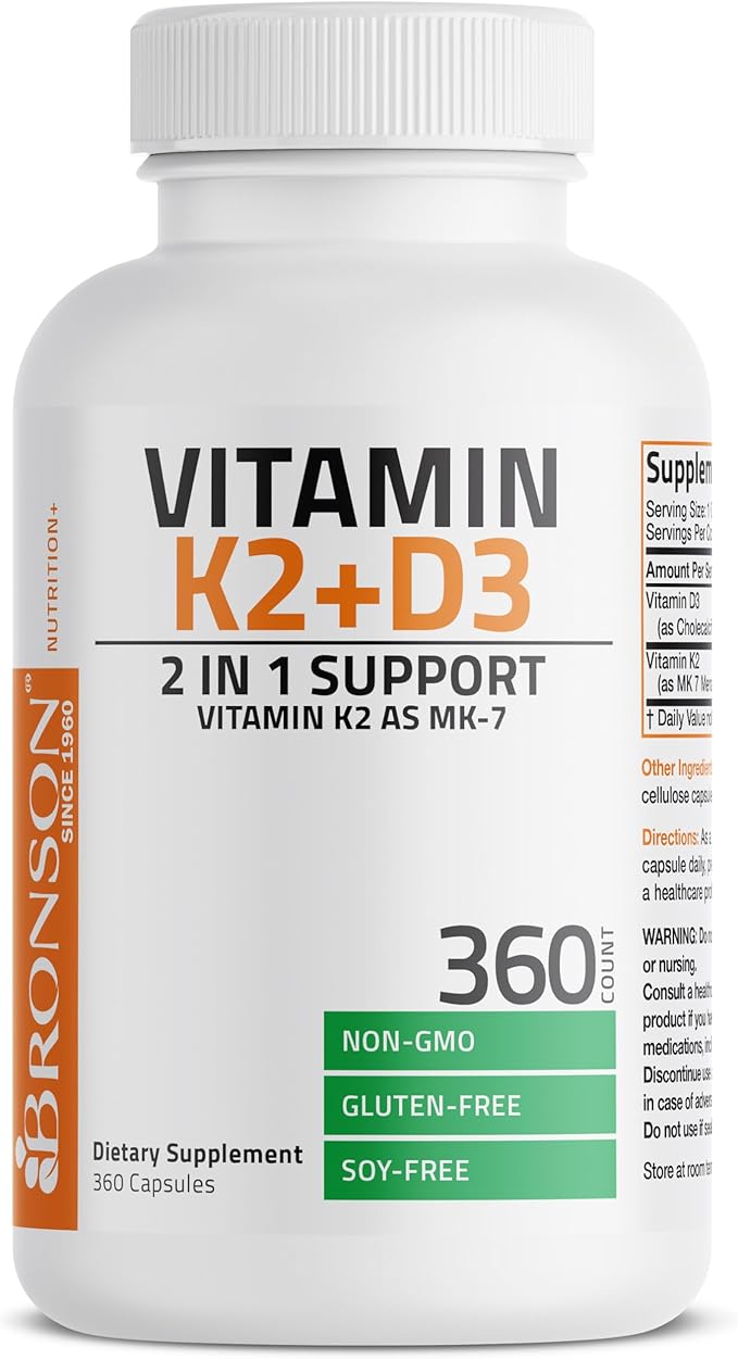 Bronson Vitamin K2 (MK7) with D3 Supplement Non-GMO Formula 5000 IU Vitamin D3 & 90 mcg K2 MK-7 Easy to Swallow D & K Complex, 360 Capsules