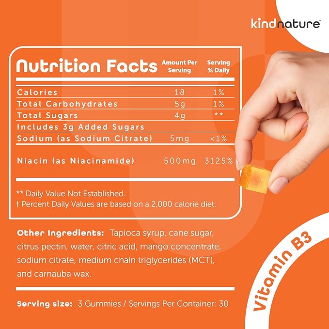 Kind Nature Vitamin B3 Niacin Gummies - Flush Free Niacinamide 500mg Supplement - Vegan, Non-GMO, Low-Calorie, Gluten-Free, Soy-Fee, 3rd Party Lab Tested - 1 Month Supply, 90 Chewable Gummies