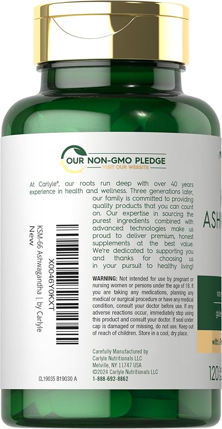 Carlyle KSM-66 Ashwagandha 600mg | 120 Caplets | Extract Supplement with L-Theanine | Vegan, Non-GMO, Gluten Free